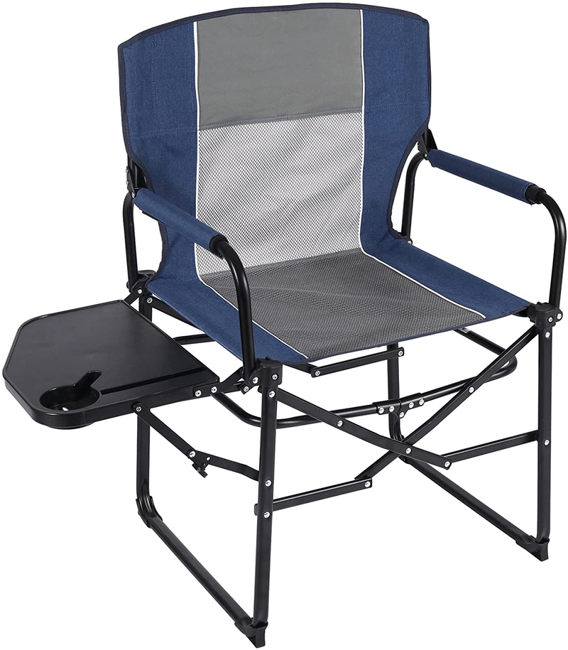 REDCAMP Folding Camping Chairs with Side Table, Sturdy Steel Portable Compact Outdoor Camp Director Chairs for Adults Heavy Duty, Black Blue Grey (Black 2-Pack) Sporting Goods > Outdoor Recreation > Camping & Hiking > Camp Furniture REDCAMP Blue + Grey  