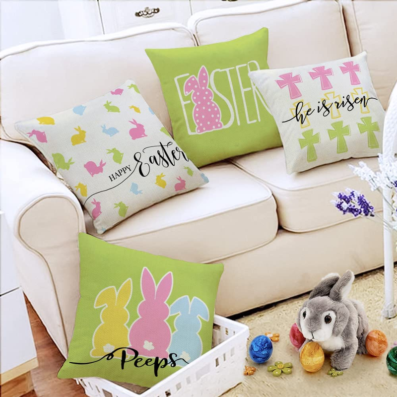 Easter Pillow Covers 18X18 Set of 4 Farmhouse Easter Decor for Home Bunny Peeps He Is Risen Happy Easter Pillows Decorative Throw Pillows Easter Decorations A520-18 Home & Garden > Decor > Seasonal & Holiday Decorations AENEY   