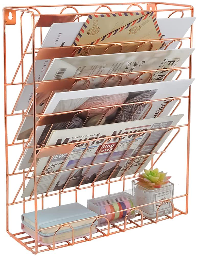 COSYAWN Hanging File Organizer - 6 Tier Wall Mount File Folder Organizer for Women, Mail Organizer for Wall, Vertical Desk Décor Accessories for Office, School or Home, Rose Gold