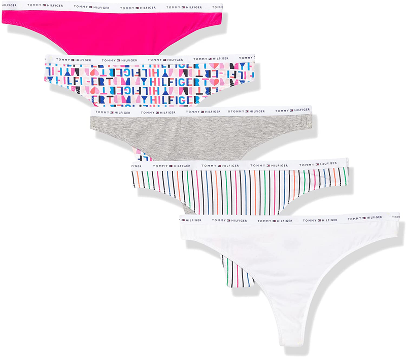 Tommy Hilfiger Women's Classic Cotton Thong, 5 Pack Apparel & Accessories > Clothing > Underwear & Socks > Bras Tommy Hilfiger Abstract Font /Grey /Stripe /White /Beetroot Large 