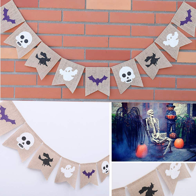 Halloween Burlap Banner Garland (Assembled) with Black Witch White Skulls Ghost Purple Bats- Halloween Decoration, Halloween Party Supplies for Classroom Office Fireplace Arts & Entertainment > Party & Celebration > Party Supplies Seasons Stars SSDecor   