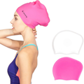 Keary 2 Pack Updated Silicone Swim Cap for Long Hair Women Girl Waterproof Bathing Pool Swimming Cap Cover Ears to Keep Your Hair Dry, 3D Soft Stretchable Durable and Anti-Slip, Easy to Put On and Off Sporting Goods > Outdoor Recreation > Boating & Water Sports > Swimming > Swim Caps Keary Pink & White【M】  