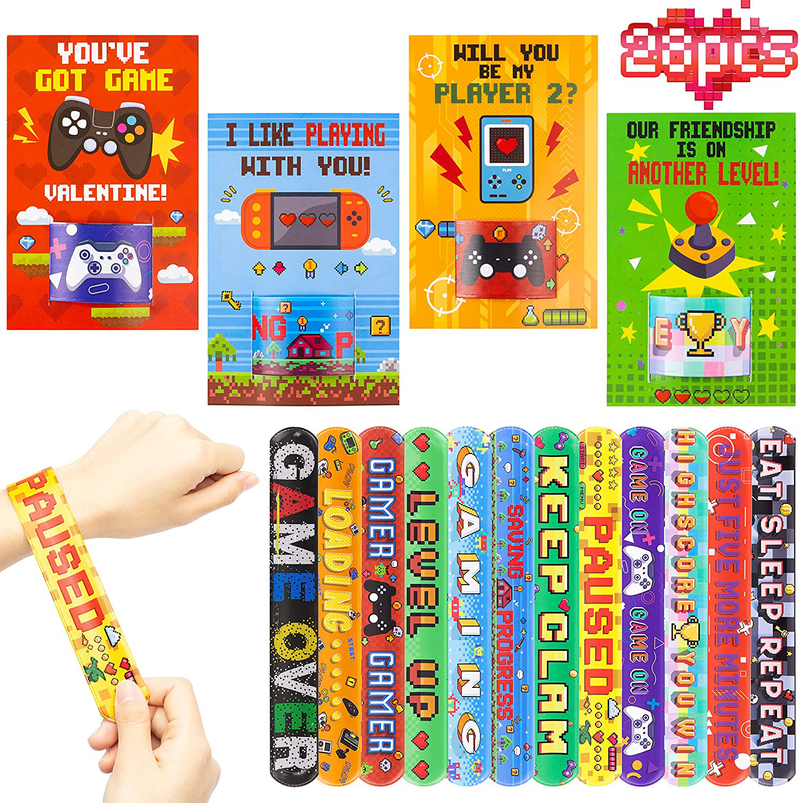 Haooryx 28Pcs Valentine’S Day Cards with Slap Bracelet for Kids, Video Game Slap Bracelets Valentines Greeting Cards for Student School Classroom Gift Exchange Video Game Birthday Party Favor Supplies