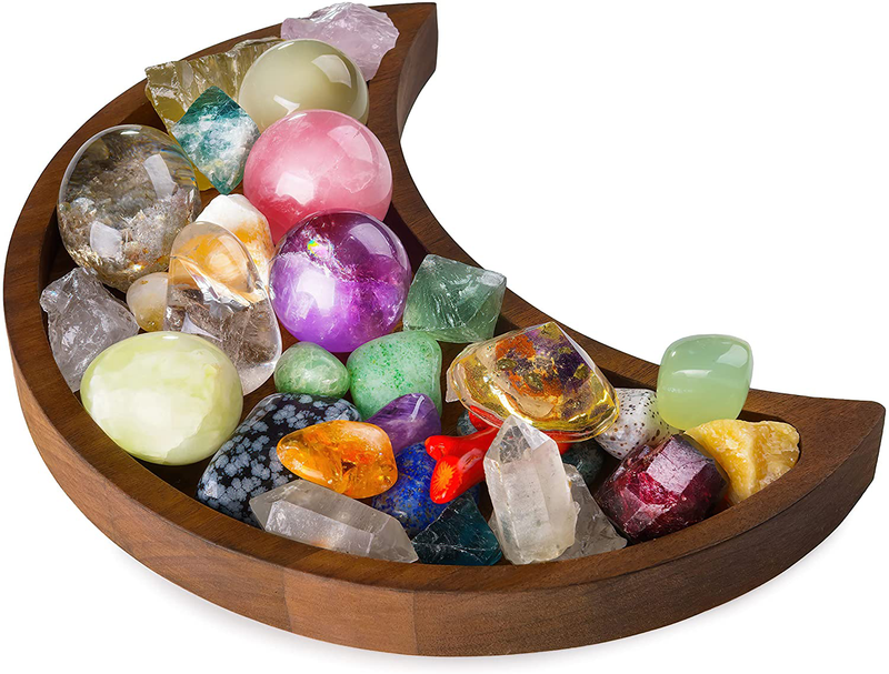 Moon Tray Crystal Holder for Stones - Crystal Tray for Stones - Wooden Box for Crystals Display Shelf - Crystal Organizer for Stones - Large Bowl for Crystals Stones 10.23 by 5.13 Inches Walnut Wood Home & Garden > Decor > Decorative Trays Brite Labs Default Title  