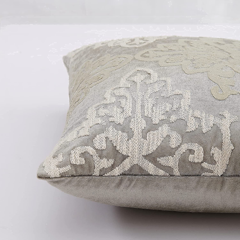 MOTINI Velvet Embroidered Throw Pillow Covers Silver Grey and Beige with Champagne Gold Accent Damask Floral Luxury Boho Square Decorative Cushion Covers Pillow Cases for Sofa Couch Bed Chair, 2 Pack Home & Garden > Decor > Chair & Sofa Cushions MOTINI   