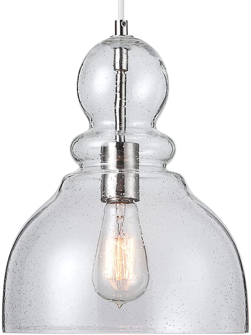 LANROS Industrial Mini Pendant Lighting with Handblown Clear Seeded Glass Shade, Adjustable Cord Farmhouse Lamp Ceiling Pendant Light Fixture for Kitchen Island Restaurant Kitchen Sink, Black, 1 Pack