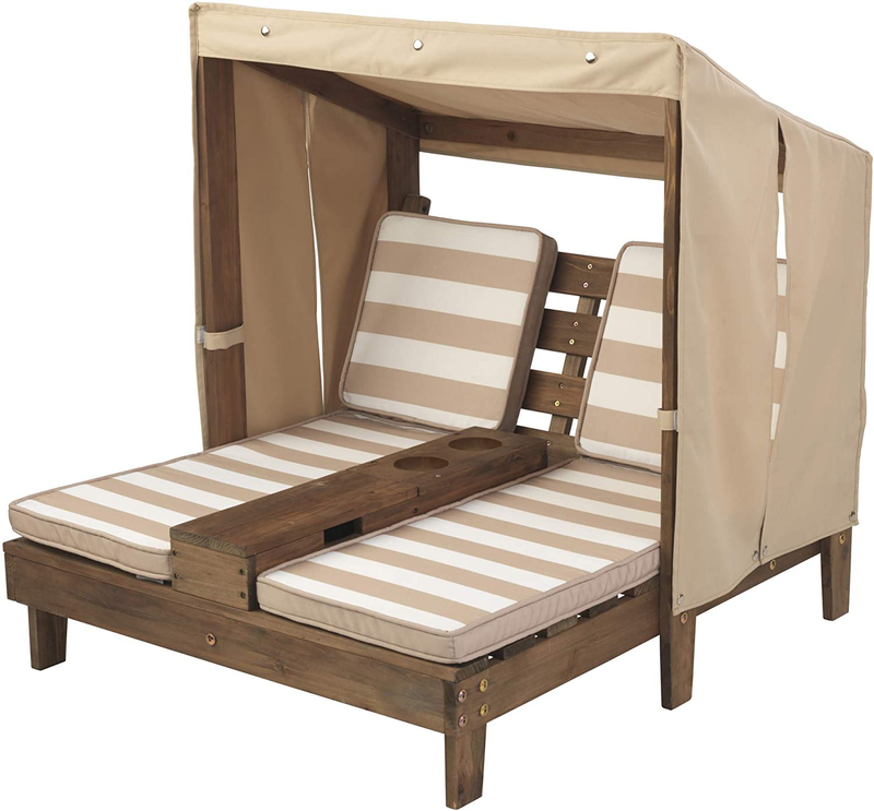 Kidkraft Wooden Outdoor Double Chaise Lounge with Cup Holders, Kid'S Patio Furniture, Gift for Ages 3+, Espresso with Oatmeal and White Striped Fabric, Gift for Ages 3-8