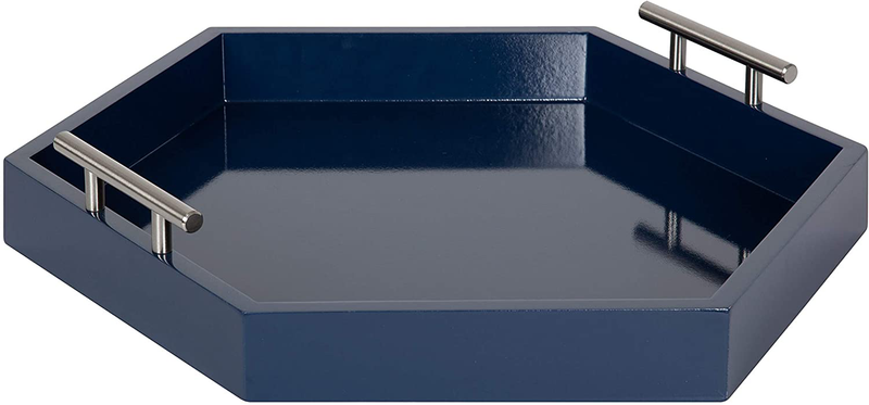 Kate and Laurel Lipton Hexagon Decorative Tray with Polished Metal Handles, Navy Blue and Gold Home & Garden > Decor > Decorative Trays Kate and Laurel Navy Blue/Silver 18x18 