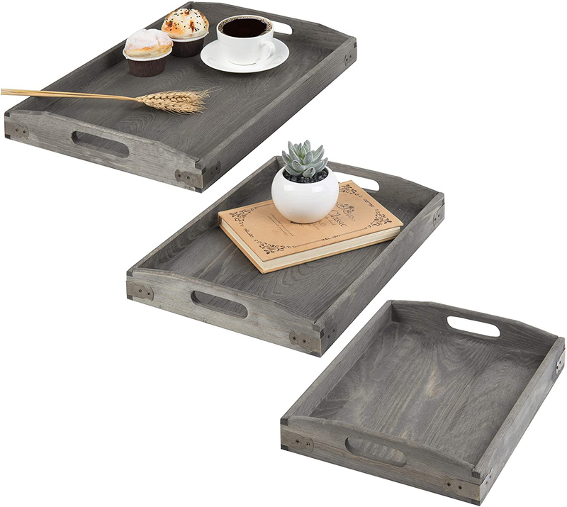MyGift Vintage Grey Wood Serving Trays with Brass Metal Wrap Accents, Set of 3