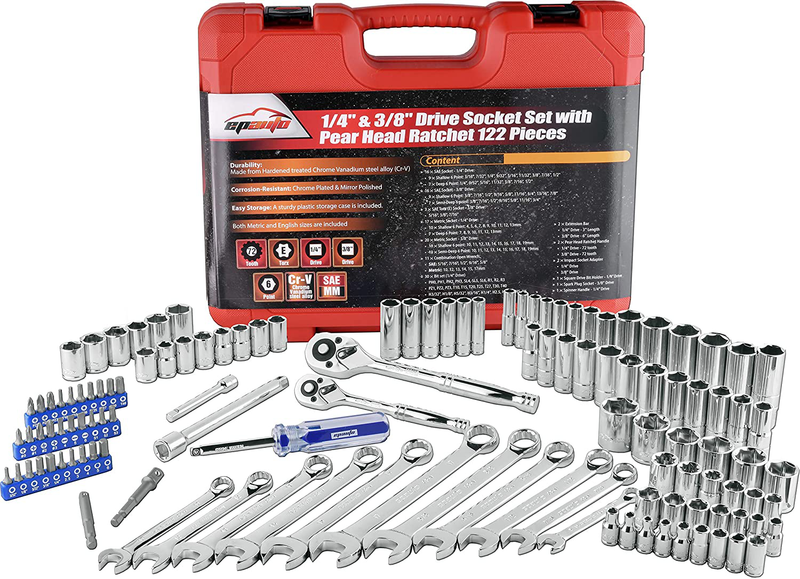 EPAuto Mechanics Tool Set Drive Socket Wrench Ratchets, SAE/Metric, 122-Piece