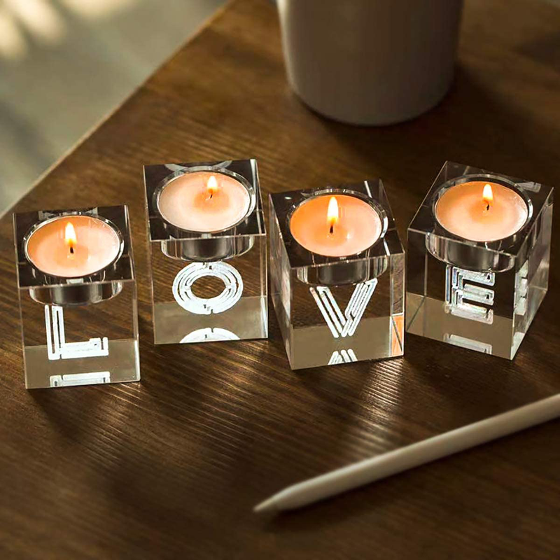 Le Sens Amazing Home Decorative Word Sign Hope Cube Crystal Candle Holder Set of 4 - Solid Square Clear Glass Table Centerpiece - Elegant Votive Tealight Candlestick for Wedding & Home Decoration Home & Garden > Decor > Home Fragrance Accessories > Candle Holders Le Sens Amazing Home D: Love  