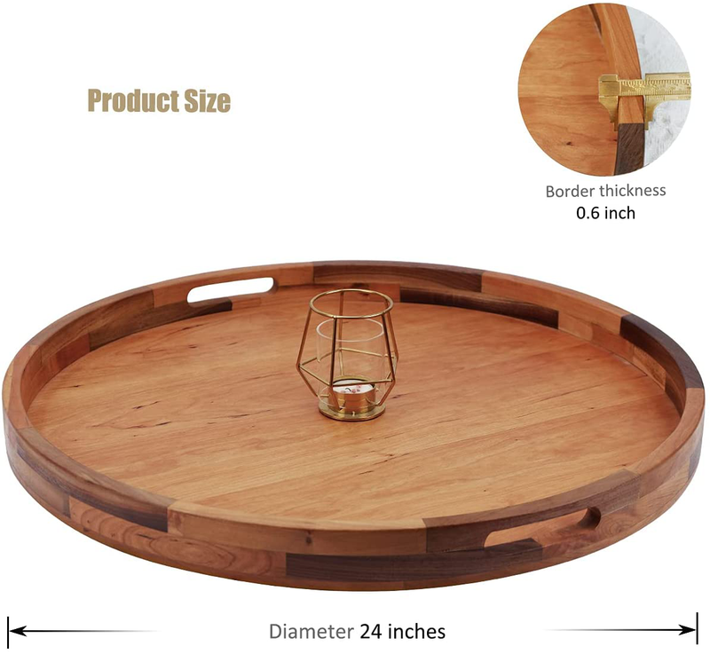 MAGIGO 24 Inches Large Round Cherry Wood Ottoman Tray with Handles, Serve Tea, Coffee or Breakfast in Bed, Classic Circular Wooden Decorative Serving Tray