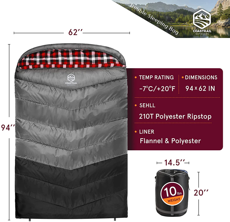 Coastrail Outdoor Double Sleeping Bag Queen-Sized for Adults Couples, XL THREE-ZONE Thickened Design Warm and Comfortable for Camping 3-4 Seasons Cold Weather with Compression Sack Sporting Goods > Outdoor Recreation > Camping & Hiking > Sleeping Bags Coastrail Outdoor   