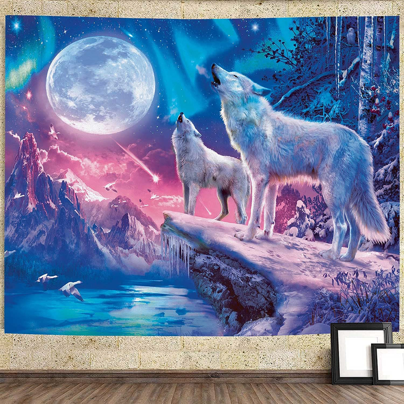 DBLLF Cool Wolf Tapestry Fantasy Animals Moon Tapestry for Boys Men Bedroom Colorful Aesthetic Blue Galaxy Mountian Forest Tapestry 80”60” Flannel Large Art Tapestries for Living Room Dorm DBLS855 Home & Garden > Decor > Artwork > Decorative TapestriesHome & Garden > Decor > Artwork > Decorative Tapestries DBLLF 100Wx90L  
