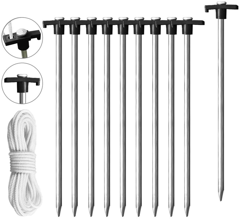Eurmax USA Galvanized Non-Rust Camping Family Tent Pop up Tent Stakes Ice Tools Heavy Duty 10Pc-Pack, with 4X10Ft Ropes & 1 Green Stopper Sporting Goods > Outdoor Recreation > Camping & Hiking > Tent Accessories Eurmax Black  