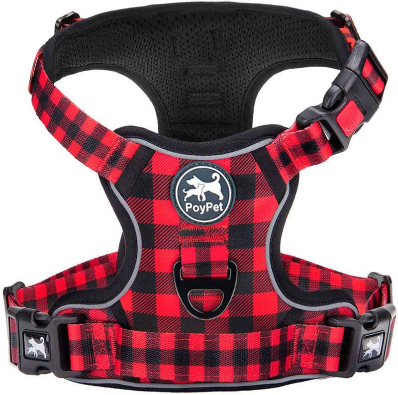 PoyPet No Pull Dog Harness, No Choke Front Lead Dog Reflective Harness, Adjustable Soft Padded Pet Vest with Easy Control Handle for Small to Large Dogs Animals & Pet Supplies > Pet Supplies > Dog Supplies PoyPet Checkered Red XS 