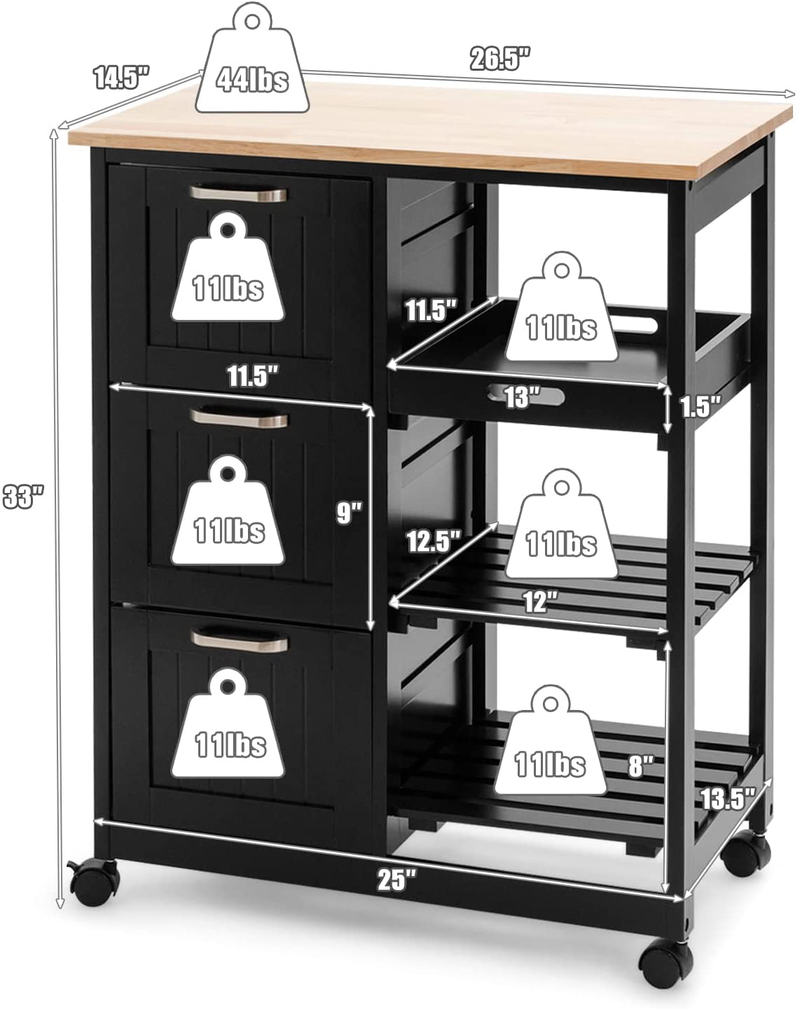 COSTWAY Kitchen Storage Island Cart on Wheels, Kitchen Rolling Trolley Cart with 3 Drawers and Shelves, 360° Wheels & Detachable Tray, Utility Cart for Dining Room, Living Room & Bedroom (Black)
