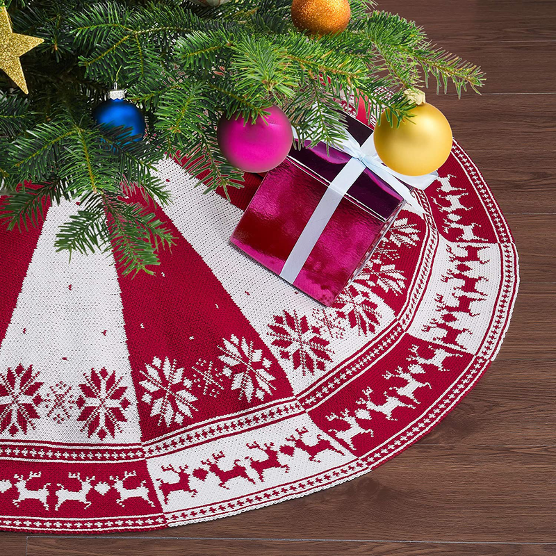 PEKACA Christmas Tree Skirt Red and White, 48 Inches Thick Cable Knitted Knit Rustic Xmas Tree Skirt, Perfect for 5 ft. Tall to 7.5 ft. Tall Large Christmas Trees, White and Burgundy Home & Garden > Decor > Seasonal & Holiday Decorations > Christmas Tree Skirts PEKACA 48" Fan-shaped Pattern  