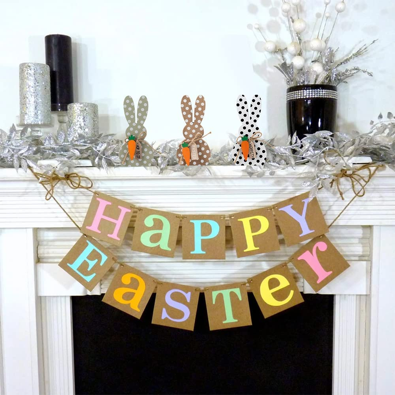 DECSPAS Easter Decorations for the Home, 3 PCS Wood Spotted Easter Bunny Ornaments Decor, Carrots Wood Block "EASTER" "HOP to IT" "Hoppity" Sign Farmhouse Easter Table Decor for Living Room, Dining Table - Brown/ White/ Green