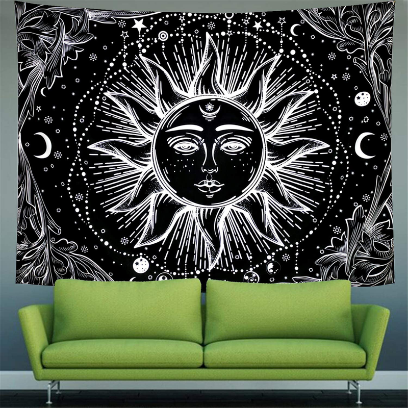 Sun Tapestry Psychedelic Burning Sun Wall Tapestry Black and White Tapestry Moon Sun with Star Tapestry Fractal Faces Bohemian Mandala Mystic Tapestry for Bedroom Living Room (Medium, Black Sun) Home & Garden > Decor > Artwork > Decorative Tapestries Generleo   