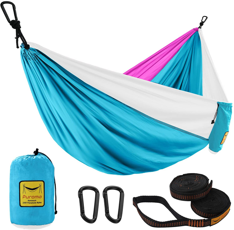 Puroma Camping Hammock Single & Double Portable Hammock Ultralight Nylon Parachute Hammocks with 2 Hanging Straps for Backpacking, Travel, Beach, Camping, Hiking, Backyard Home & Garden > Lawn & Garden > Outdoor Living > Hammocks Puroma Pink & Sky Blue & White Large 