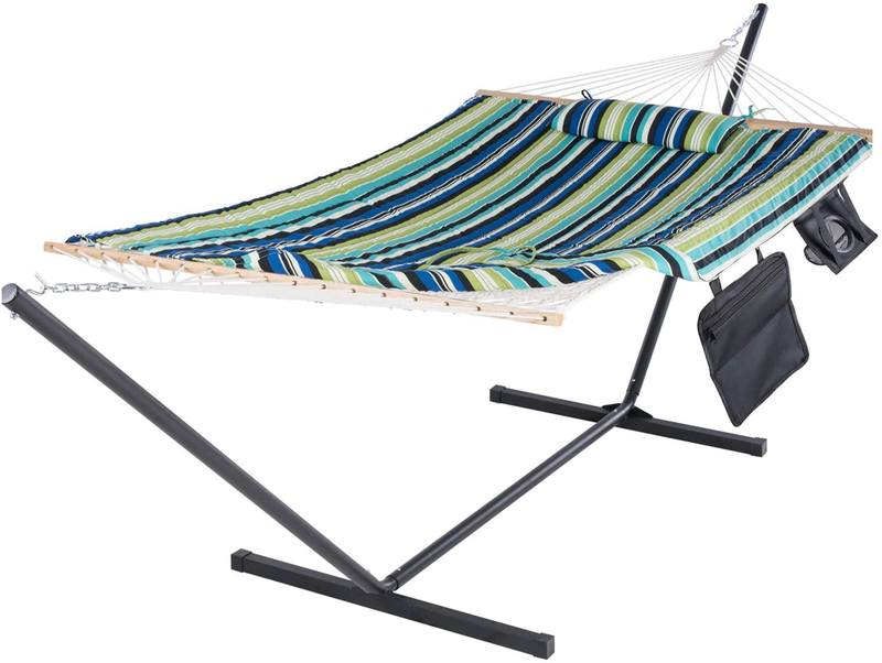 SUNCREAT Outdoor Double Hammock with Stand, Two Person Cotton Rope Hammock with Polyester Pad, Circle Pattern Home & Garden > Lawn & Garden > Outdoor Living > Hammocks SUNCREAT Blue  
