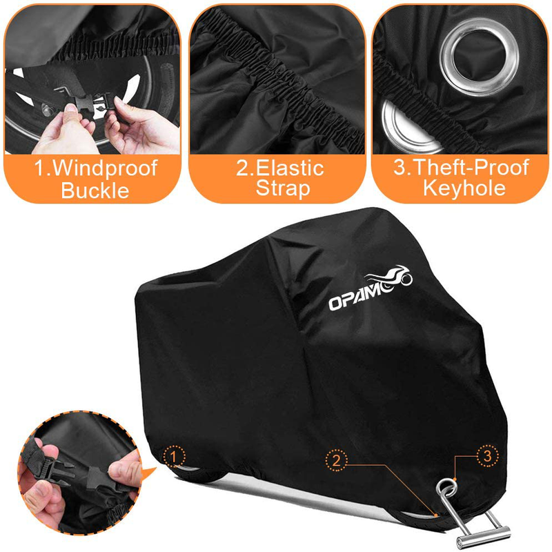 Motorcycle Scooter Cover Waterproof Outdoor - Large Medium XL 250cc 150cc 50cc Scooter Shelter for Harleys All Weather Motorbike Protection with Lock Holes Tear-proof Heavy-Duty Vehicles & Parts > Vehicle Parts & Accessories > Vehicle Maintenance, Care & Decor > Vehicle Covers > Vehicle Storage Covers > Motorcycle Storage Covers opamoo   
