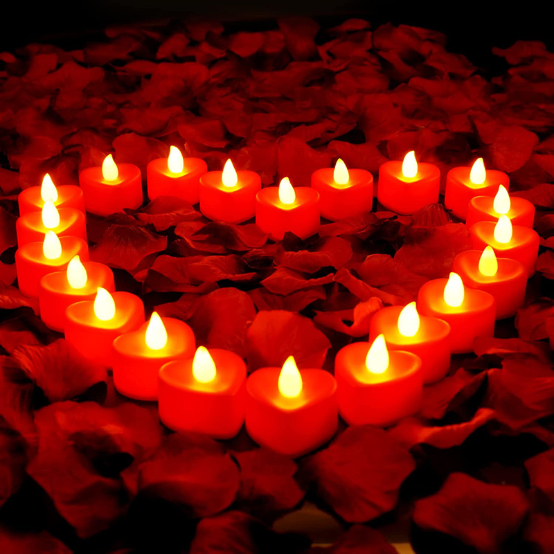 SHYMERY 1000 Pcs Artificial Rose Petals with 24 Pack Red Heart Shaped Flameless LED Tea Light Candles,Rose Pedals & Candles for Romantic Night,Him Set,Valentine'S Day,Honeymoon,Love Decorations