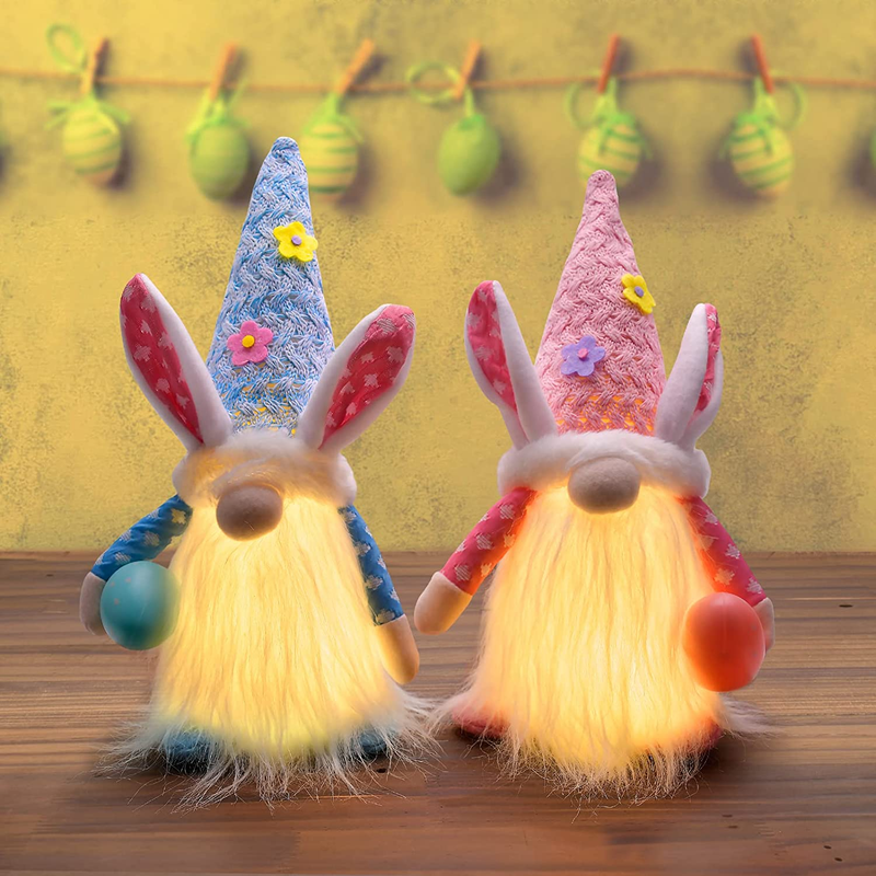 Easter Gnomes Decorations, 2Pcs Bunny Gnomes Plush with LED Light, Spring Easter Day Home Table Decor Ornaments for Easter Holiday Party