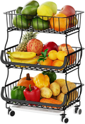 Fruit Basket, Gslife 3-4 Tier Stackable Vegetable Storage Basket Rack with Wheels for Kitchen Floor, Kitchen Fruit Stand for Produce Storage Bin Snack Organizer, Dark Black