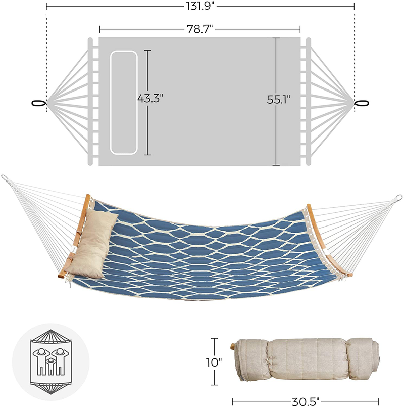 SONGMICS Hammock, Quilted Hammock with Curved Bamboo Spreaders, Pillow, 78.7 x 55.1 Inches, Portable Padded Hammock Holds up to 495 lb, Blue and Beige Rhombus UGDC034I02 Home & Garden > Lawn & Garden > Outdoor Living > Hammocks SONGMICS   