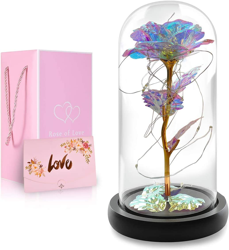 Gifts for Women,Christmas Stocking Stuffers Gifts for Her Mom Gramdma Wife,Unique Colorful Artificial Rose Flower&Led Light Glass Dome Gifts for Xmas Birthday Mother'S Day Valentine'S Day Anniversary