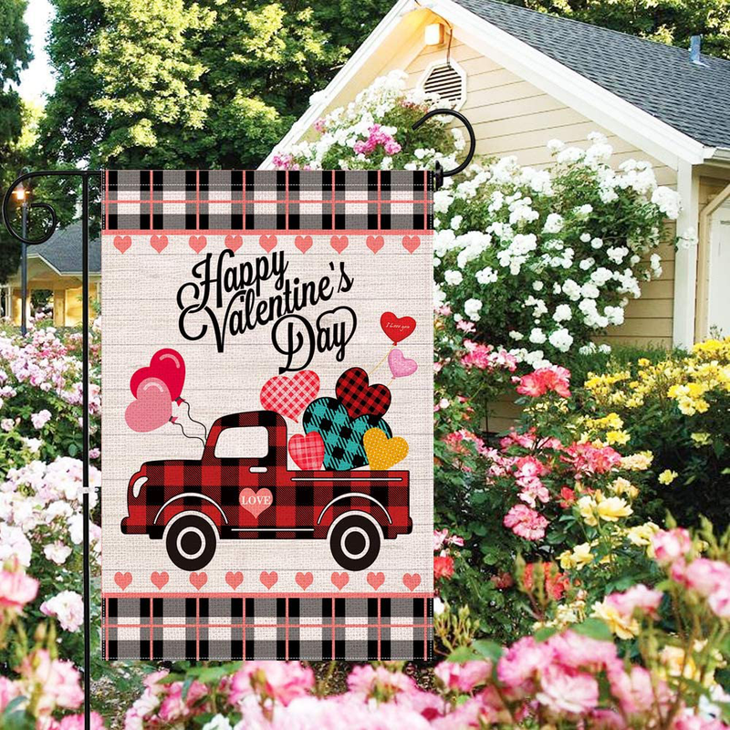 Happy Valentine'S Day Garden Flag for Outside,12×18 Inch Double Sided Burlap,Black and White Buffalo Plaid Truck with Love Heart,Valentine Day Yard Decors for Outdoor Anniversary Wedding Farmhouse Home & Garden > Decor > Seasonal & Holiday Decorations LARMOY   