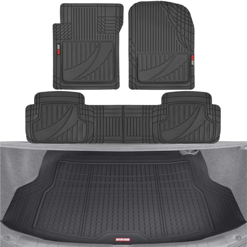 Motor Trend FlexTough Advanced Black Rubber Car Floor Mats with Cargo Liner Full Set – Front & Rear Combo Trim to Fit Floor Mats for Cars Truck Van SUV, All Weather Automotive Floor Liners Vehicles & Parts > Vehicle Parts & Accessories > Motor Vehicle Parts > Motor Vehicle Seating Motor Trend Black  
