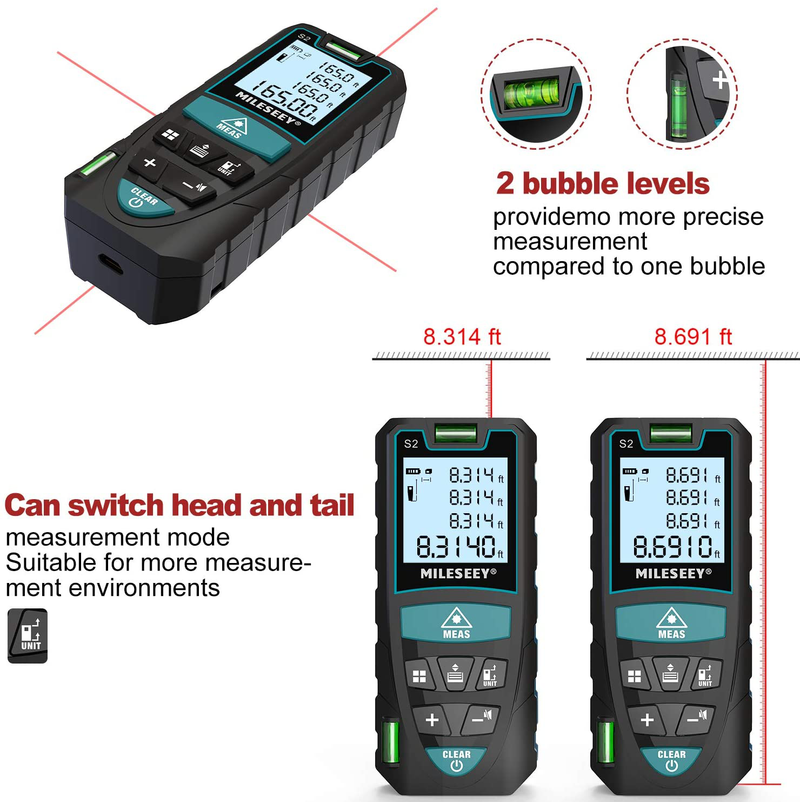 Laser Measure, Mileseey by RockSeed 165 Feet Digital Laser Distance Meter with 2 Bubble Levels,M/In/Ft Unit switching Backlit LCD and Pythagorean Mode, Measure Distance, Area and Volume (165 Feet) Hardware > Tools > Measuring Tools & Sensors RockSeed   