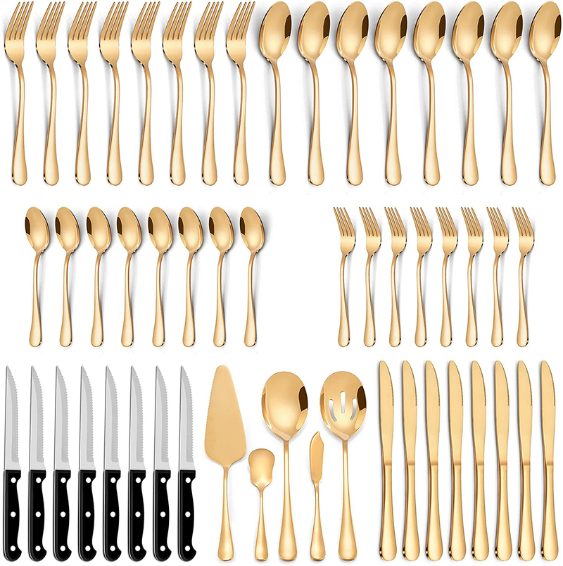 LIANYU 53-Piece Silverware Set with Steak Knives and Serving Utensils, Stainless Steel Flatware Cutlery Set Service for 8, Eating Utensil Set for Home Party Wedding, Dishwasher Safe, Mirror Finished Home & Garden > Kitchen & Dining > Tableware > Flatware > Flatware Sets LIANYU Gold 53 