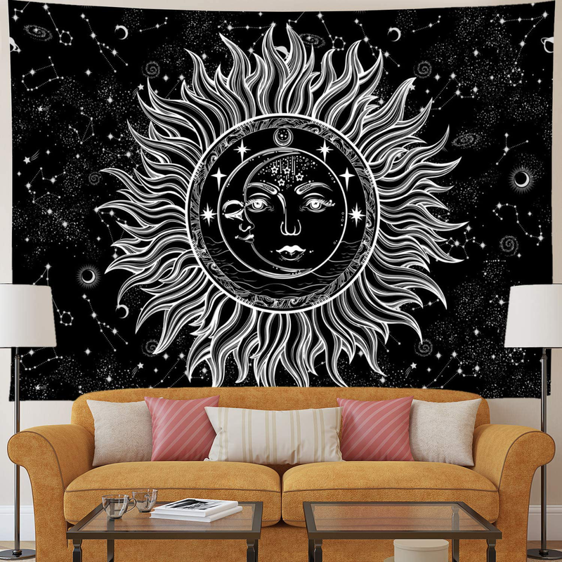 Sun and Moon Tapestry Psychedelic Burning Sun with Stars Wall Tapestry Black and White Celestial Tapestry Mystic Fractal Faces Tapestry Wall Hanging for Bedroom(Medium,Sun Moon) Home & Garden > Decor > Artwork > Decorative Tapestries Amonercvita   
