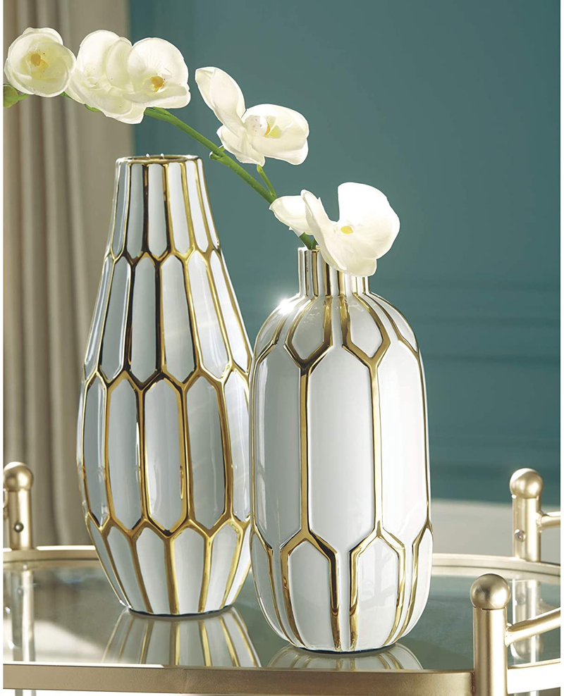 Signature Design by Ashley Mohsen Honeycomb Ceramic 2 Piece Bottle Neck Vase Set, White & Gold Home & Garden > Decor > Vases Signature Design by Ashley   
