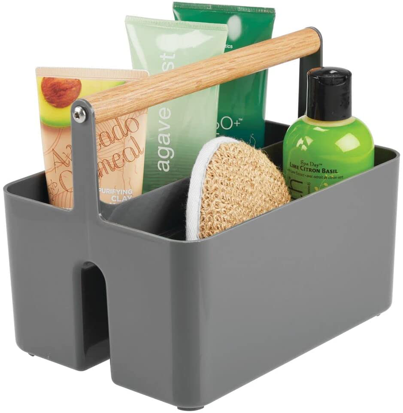 Mdesign Plastic Portable Shower Caddy Divided Basket Bin Storage Organizer with Wood Handle for Bathroom Vanity, Dorm Shelf & Cabinet - Holds Shampoo, Conditioner - Aura Collection - Gray/Natural Sporting Goods > Outdoor Recreation > Camping & Hiking > Portable Toilets & Showers MetroDecor Charcoal/Natural  