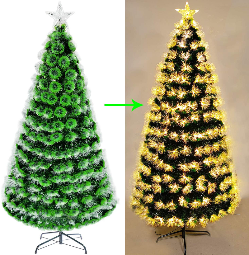 ODUUEO Artificial Prelit Christmas Tree Optical Fiber Tree with Multicolored LED Lights & Metal Stand (6ft)