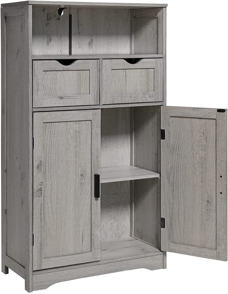 IWELL Large Storage Cabinet with Adjustable 2 Drawers & 2 Shelves, Bathroom Storage Cabinet with Doors for Living Room, Bedroom, Kitchen, Home Office, Grey