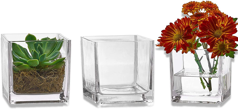 PARNOO Set of 3 Glass Square Vases 4 x 4 Inch – Clear Cube Shape Flower Vase, Candle Holders - Perfect as a Wedding Centerpieces, Home Decoration