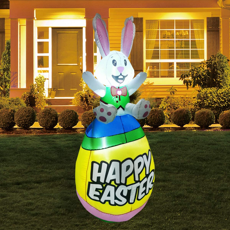GOOSH 5 FT Height Easter Inflatables Outdoor Bunny Sitting on the Easter Egg, Blow up Yard Decoration Clearance with LED Lights Built-In for Holiday/Easter/Party/Yard/Garden