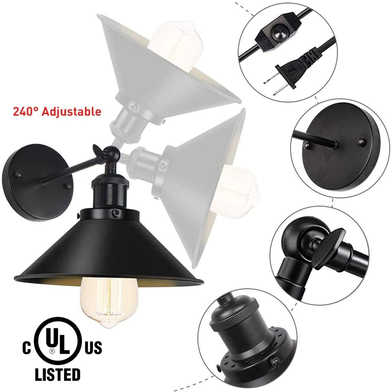 Dimmable Plug in Wall Sconce 2 Pack Swing Arm Vintage Black Wall Lamp with On/Off Switch Industrial Wall Light with 6FT Plug in Cord Wall Light Fixture for Restaurant Bedroom Corridor Farmhouse Home & Garden > Lighting > Lighting Fixtures > Wall Light Fixtures KOL DEALS   