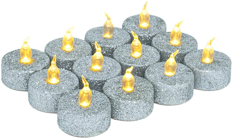 Homemory LED Candles, Lasts 2X Longer, Realistic Tea Lights Candles, LED Tea Lights, Flickering Bright Tealights, Battery Operated/Powered, Flameless Candles, White Base, Batteries Included, Set of 12 Home & Garden > Decor > Home Fragrances > Candles Homemory Silver Glitter  