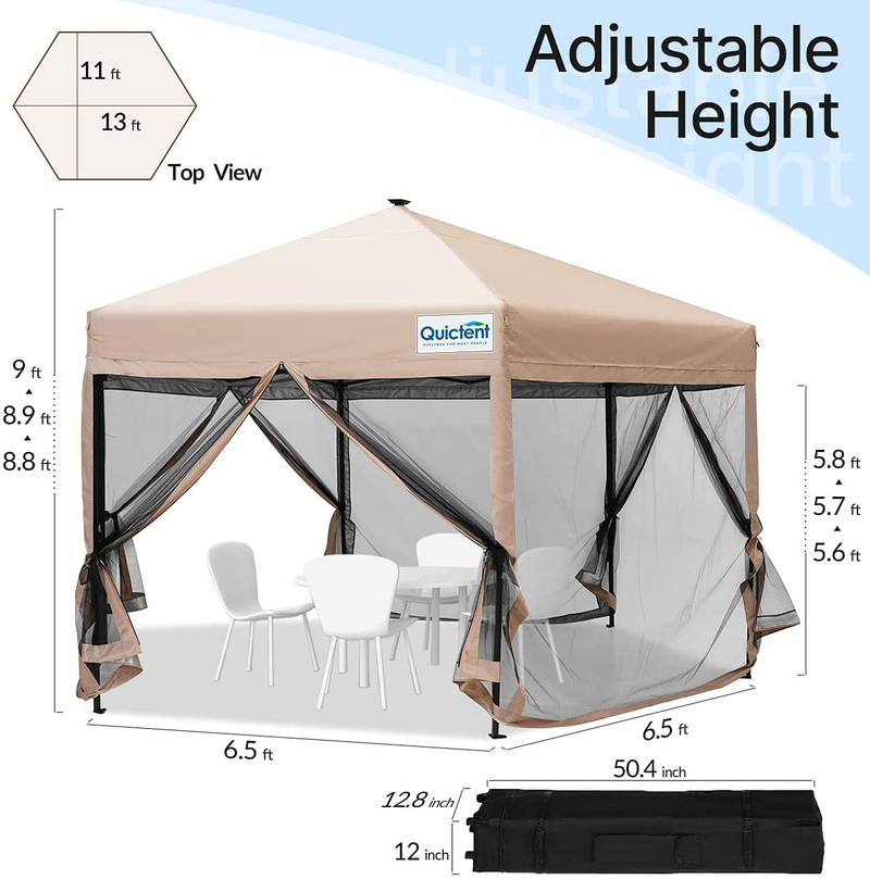 Quictent 13’ X 13’ Hexagonal Gazebo with Solar Powered LED Lights Pop up Canopy Tent with Mosquito Net ,Easy up Screened Canopy Gazebo, Beige