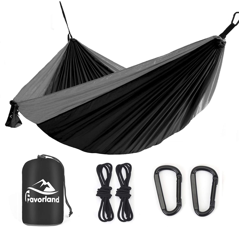Favorland Camping Hammock Double & Single with Tree Straps for Hiking, Backpacking, Travel, Beach, Yard - 2 Persons Outdoor Indoor Lightweight & Portable with Straps & Steel Carabiners Nylon (Green) Home & Garden > Lawn & Garden > Outdoor Living > Hammocks Favorland Black-grey Double 118''L x 79''W 