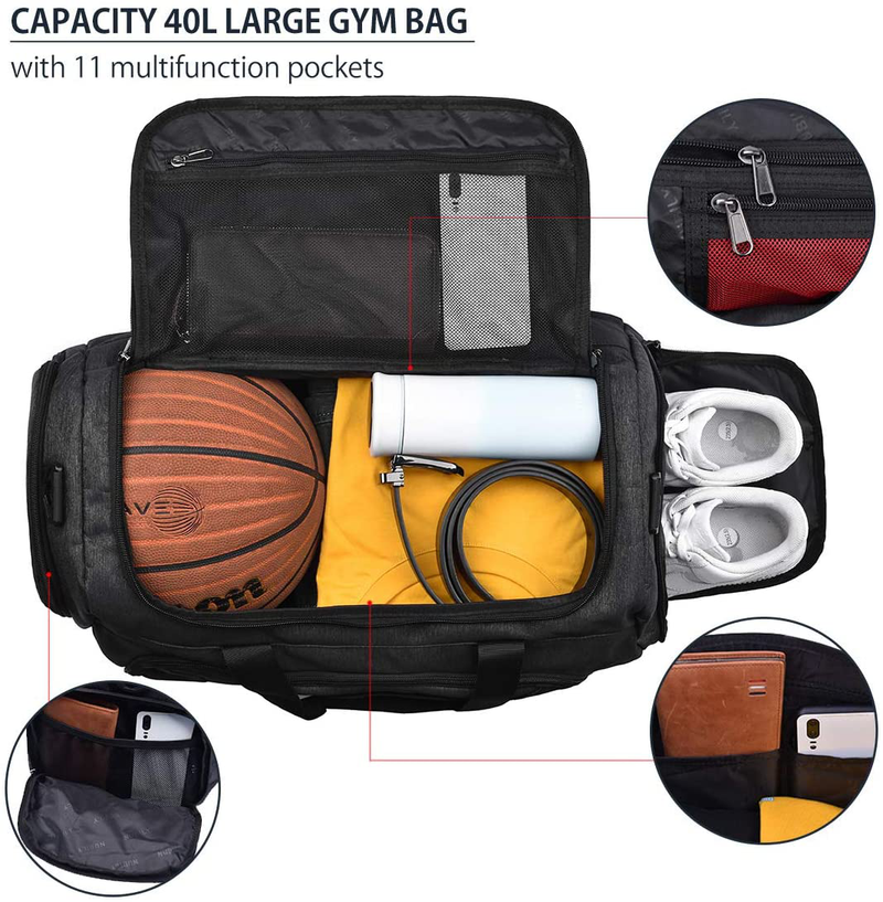 Gym Duffle Bag Waterproof Large Sports Bags Travel Duffel Bags with Shoes Compartment Weekender Overnight Bag Men Women 40L Black Home & Garden > Household Supplies > Storage & Organization NUBILY   