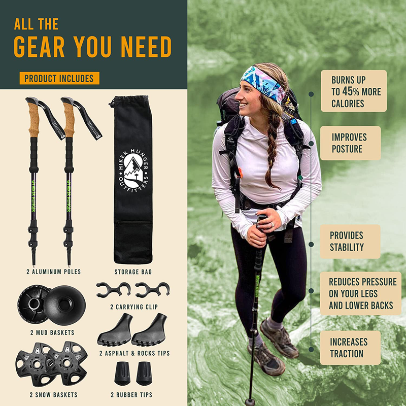 Hiker Hunger Outfitters Carbon Fiber Trekking Poles – Ultralight & Collapsible with Quick Flip-Locks,Cork Grips,Tungsten Tips,Set of 2 Poles - All Terrain Accessories and Carry Bag, Hiking, & Walking Sporting Goods > Outdoor Recreation > Camping & Hiking > Hiking Poles HIKER HUNGER OUTFITTERS   