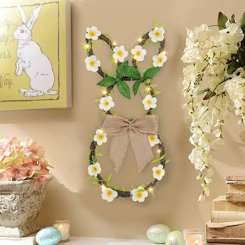 Easter Wreath, Vanthylit 25LT Rattan Bunny Wreath Lights with Linen Bow and Flower Vines Battery Operated Spring Easter Decorations for Front Door Window Wall Home Party Home & Garden > Decor > Seasonal & Holiday Decorations Vanthylit   